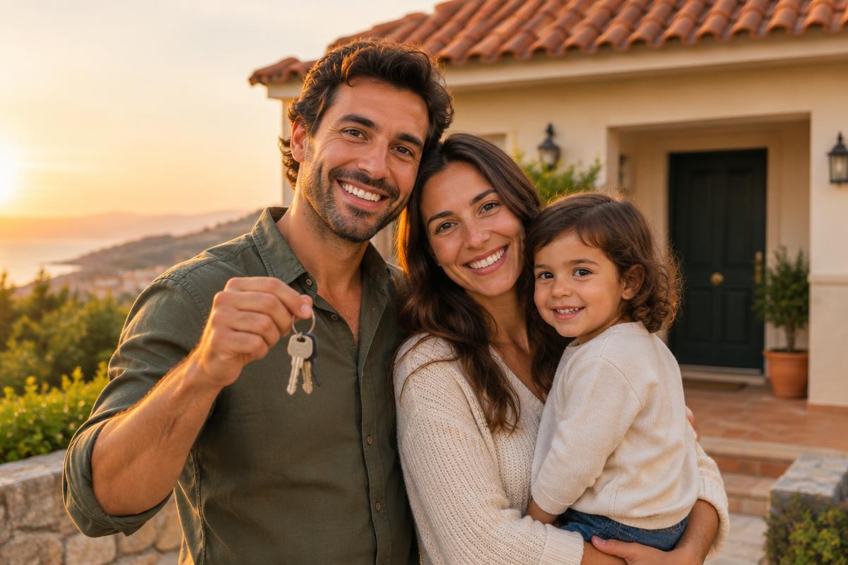 Família à frente da sua casa nova com as chaves na mão